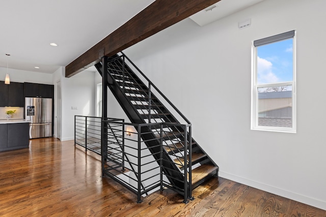 910 W 19th St Unit A, Houston, TX 77008 - stairway featuring baseboards, wood finished floors, and recessed lighting