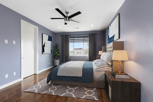 910 W 19th St Unit A, Houston, TX 77008 - bedroom with wood finished floors, baseboards, ceiling fan, and recessed lighting
