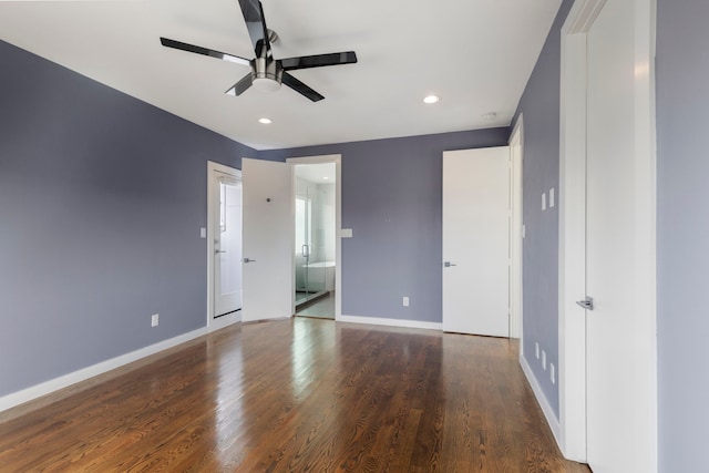 910 W 19th St Unit A, Houston, TX 77008 - unfurnished bedroom with baseboards, wood finished floors, recessed lighting, ensuite bathroom, and ceiling fan