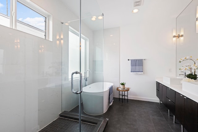 910 W 19th St Unit A, Houston, TX 77008 - bathroom with vanity, a shower stall, and a freestanding bath