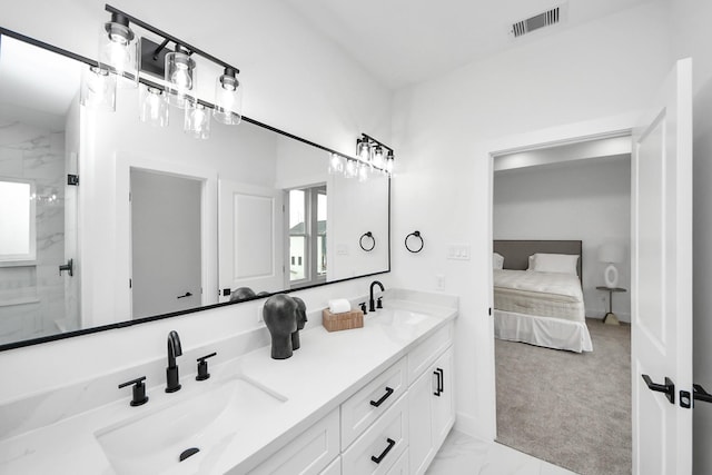 1218 English St, Houston, TX 77009 - bathroom with marble look tile flooring, double vanity, ensuite bath, and a shower