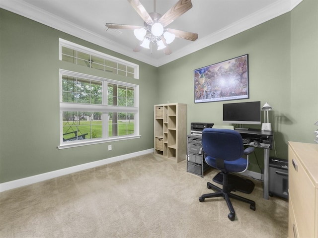 11987 White Oak Xing, Conroe, TX 77385 - office with crown molding, light colored carpet, baseboards, and ceiling fan
