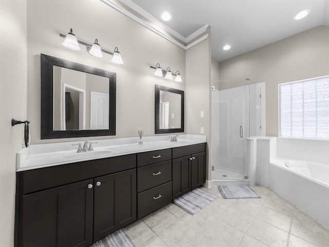 11987 White Oak Xing, Conroe, TX 77385 - full bathroom featuring a garden tub, a stall shower, double vanity, and tile patterned flooring