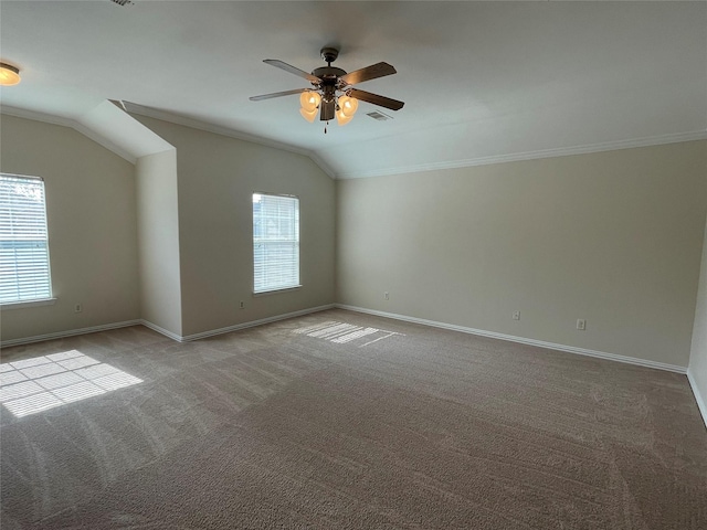 11317 Elegant Way, Houston, TX 77066 - spare room with ornamental molding, carpet floors, a ceiling fan, baseboards, and vaulted ceiling