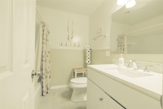 bathroom featuring toilet, ornamental molding, tile patterned flooring, a shower with shower curtain, and vanity