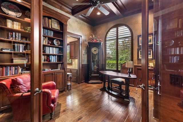 38 Post Shadow Estate Dr, Spring, TX 77389 - office space featuring coffered ceiling, ceiling fan, crown molding, beam ceiling, and hardwood / wood-style flooring