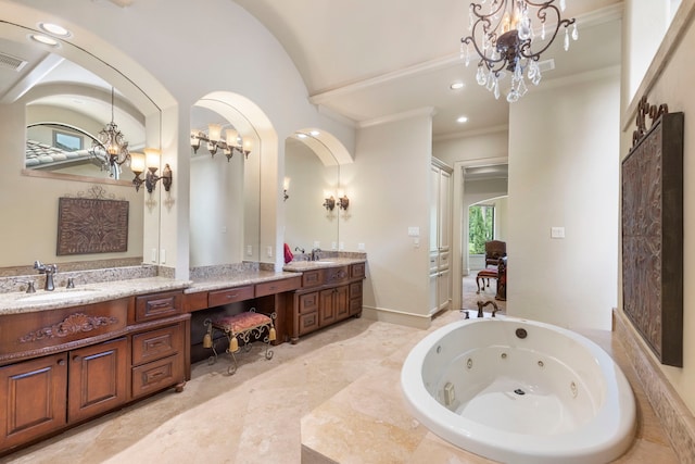 38 Post Shadow Estate Dr, Spring, TX 77389 - full bathroom featuring a chandelier, vanity, a jetted tub, crown molding, and recessed lighting