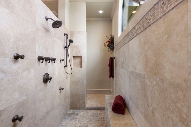 38 Post Shadow Estate Dr, Spring, TX 77389 - bathroom with tiled shower and ornamental molding