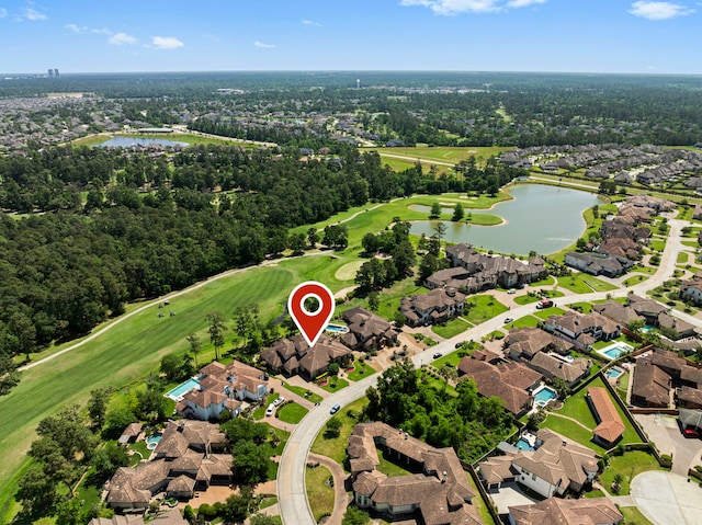 38 Post Shadow Estate Dr, Spring, TX 77389 - aerial view of property and surrounding area with a large body of water, nearby suburban area, and a local golf course