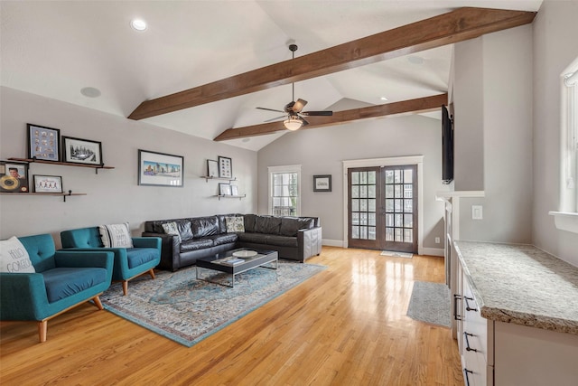 1309 Nashua St Unit A, Houston, TX 77008 - living room featuring beam ceiling, light wood-style floors, a ceiling fan, recessed lighting, and high vaulted ceiling