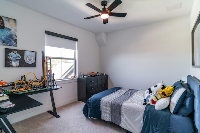 bedroom with carpet floors, ceiling fan, and baseboards