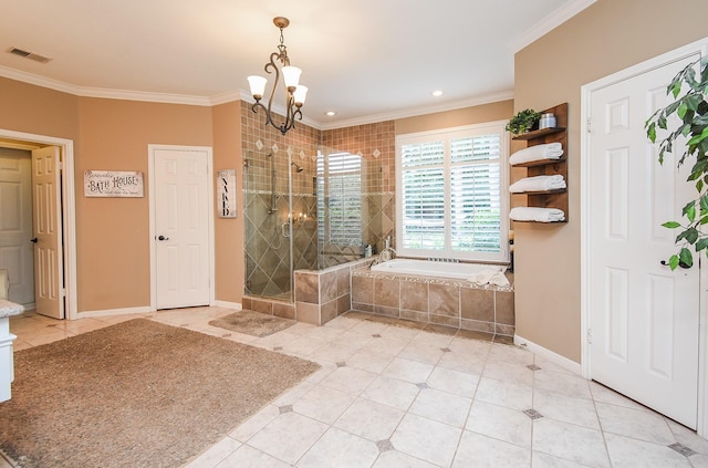 14 Wickham Ct, Sugar Land, TX 77479 - bathroom with a garden tub, a stall shower, tile patterned floors, ornamental molding, and a chandelier