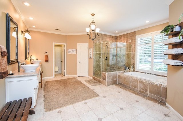 14 Wickham Ct, Sugar Land, TX 77479 - bathroom with a shower stall, a bath, tile patterned flooring, vanity, and a chandelier