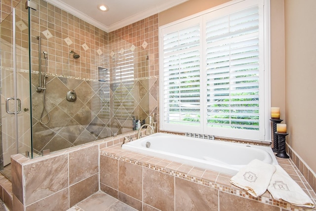 14 Wickham Ct, Sugar Land, TX 77479 - full bath with a bath, crown molding, a stall shower, and recessed lighting