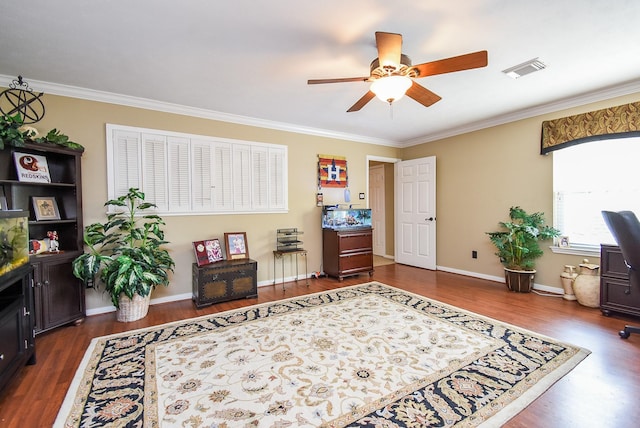 14 Wickham Ct, Sugar Land, TX 77479 - office space with ceiling fan, dark wood-style flooring, crown molding, and baseboards