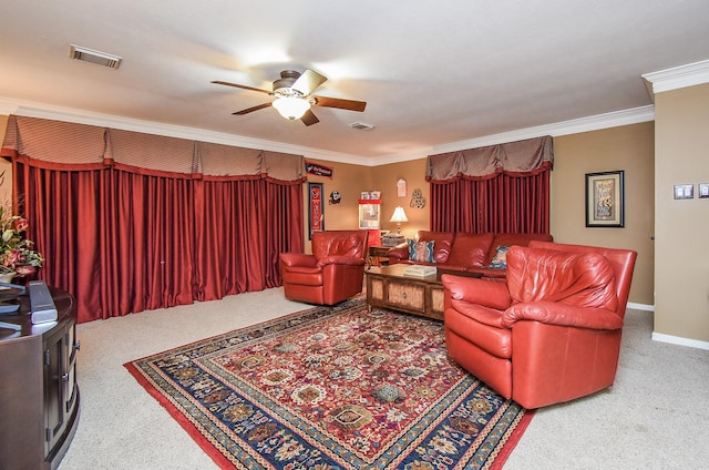 14 Wickham Ct, Sugar Land, TX 77479 - living area with a ceiling fan, carpet, ornamental molding, and baseboards