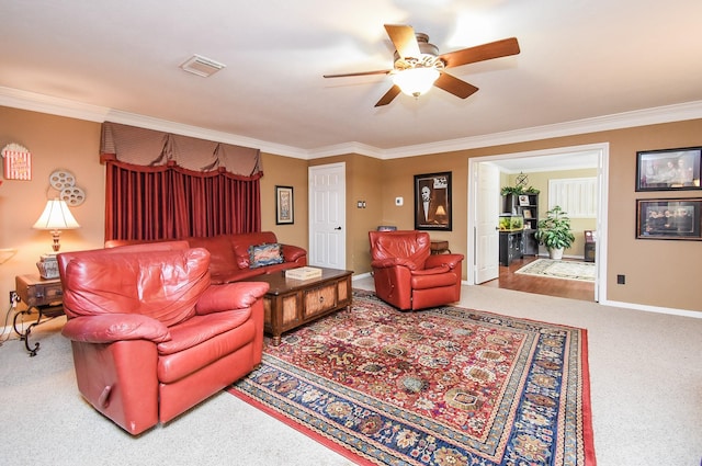 14 Wickham Ct, Sugar Land, TX 77479 - carpeted living room with crown molding, a ceiling fan, and baseboards