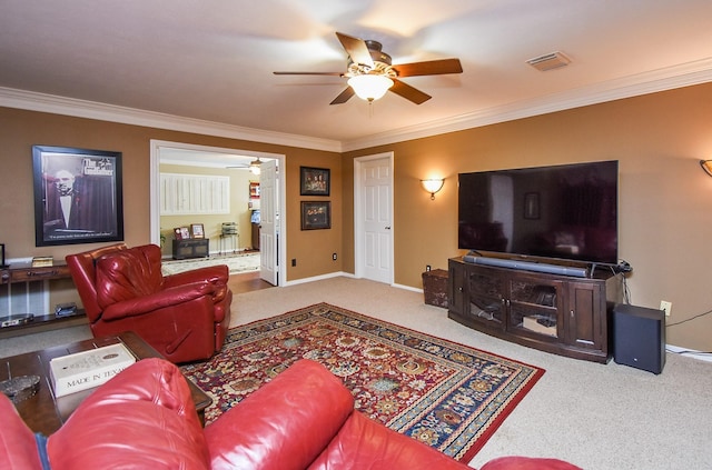14 Wickham Ct, Sugar Land, TX 77479 - living room with a ceiling fan, carpet, ornamental molding, and baseboards