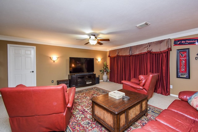14 Wickham Ct, Sugar Land, TX 77479 - living area with carpet, ceiling fan, crown molding, and baseboards