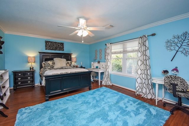 14 Wickham Ct, Sugar Land, TX 77479 - bedroom with dark wood finished floors, crown molding, baseboards, and ceiling fan