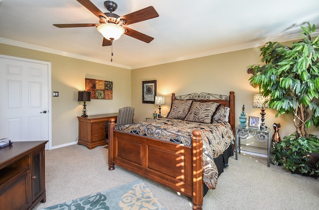 14 Wickham Ct, Sugar Land, TX 77479 - bedroom with light carpet, ornamental molding, ceiling fan, and baseboards
