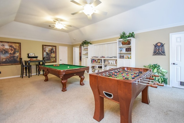 14 Wickham Ct, Sugar Land, TX 77479 - recreation room featuring carpet floors, a ceiling fan, billiards, baseboards, and ornamental molding