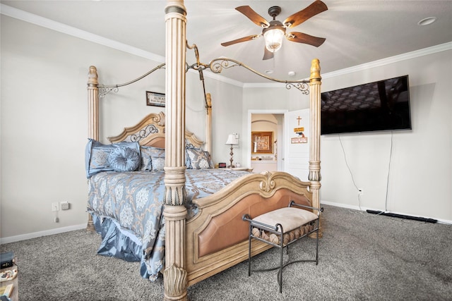 4635 Countrymeadows Dr, Spring, TX 77388 - carpeted bedroom featuring ornamental molding, baseboards, and a ceiling fan