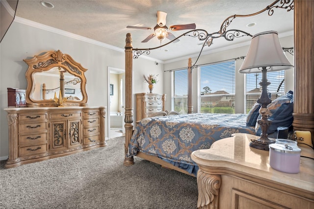 4635 Countrymeadows Dr, Spring, TX 77388 - bedroom with crown molding, carpet flooring, a textured ceiling, and connected bathroom