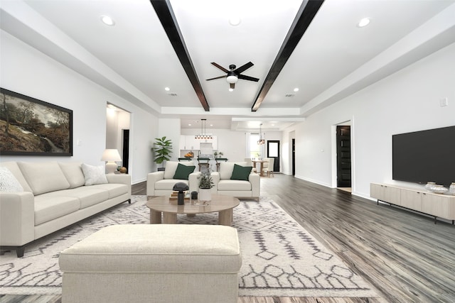 1029 Gazing Pine St, Huffman, TX 77336 - living area featuring beam ceiling, ceiling fan, wood finished floors, baseboards, and recessed lighting