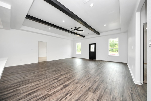 1029 Gazing Pine St, Huffman, TX 77336 - unfurnished living room featuring dark wood-type flooring, ceiling fan, baseboards, beam ceiling, and recessed lighting
