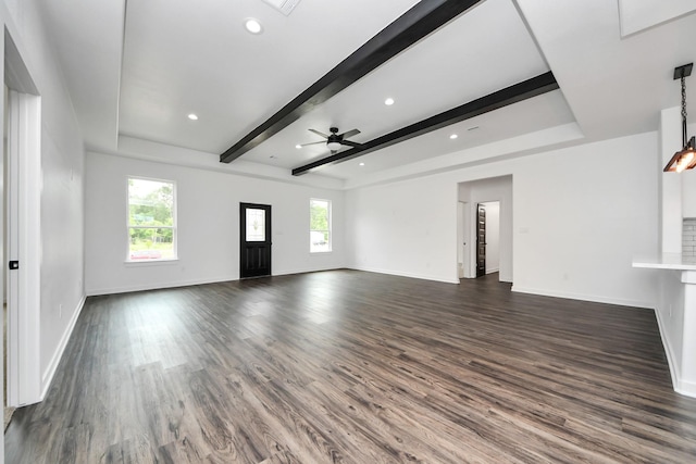 1029 Gazing Pine St, Huffman, TX 77336 - unfurnished living room featuring a ceiling fan, baseboards, dark wood-type flooring, beamed ceiling, and recessed lighting