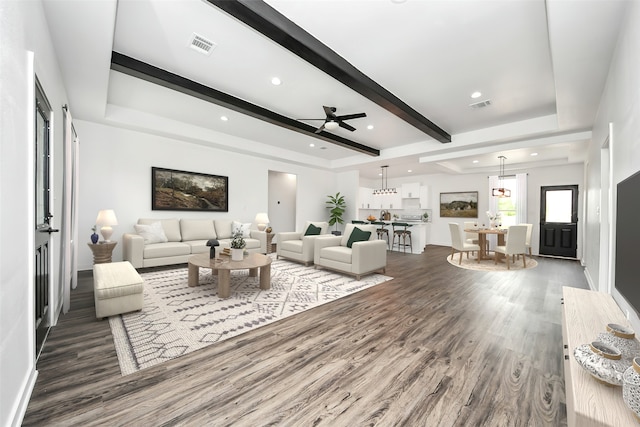 1029 Gazing Pine St, Huffman, TX 77336 - living area with wood finished floors, ceiling fan, recessed lighting, beam ceiling, and baseboards