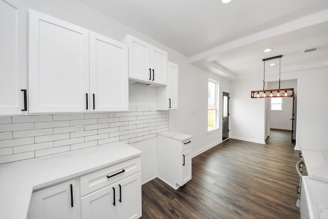 1029 Gazing Pine St, Huffman, TX 77336 - kitchen with recessed lighting, backsplash, white cabinetry, light stone counters, and dark wood-style flooring