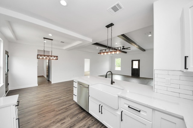 1029 Gazing Pine St, Huffman, TX 77336 - kitchen with dishwasher, a sink, dark wood-type flooring, white cabinets, and recessed lighting