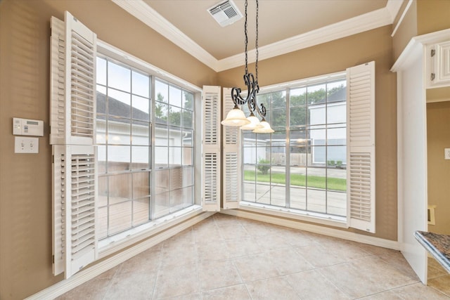 unfurnished dining area featuring ornamental molding, light tile patterned floors, a chandelier, and baseboards
