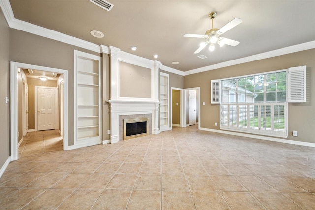 unfurnished living room featuring crown molding, light tile patterned floors, built in features, a ceiling fan, and baseboards