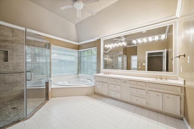 full bath featuring a ceiling fan, a bath, a shower stall, tile patterned floors, and lofted ceiling