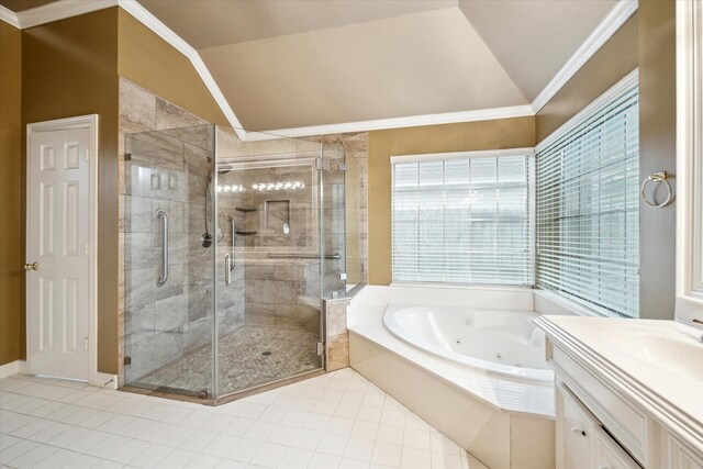 full bath with vaulted ceiling, tile patterned floors, a stall shower, a jetted tub, and crown molding