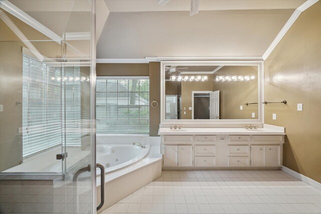 bathroom featuring double vanity, tile patterned floors, a whirlpool tub, lofted ceiling, and crown molding