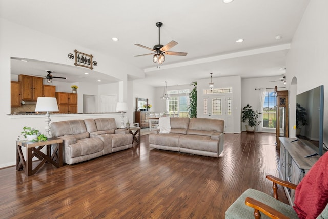 34334 Howell Rd, Waller, TX 77484 - living room with a ceiling fan, dark wood-style flooring, and recessed lighting