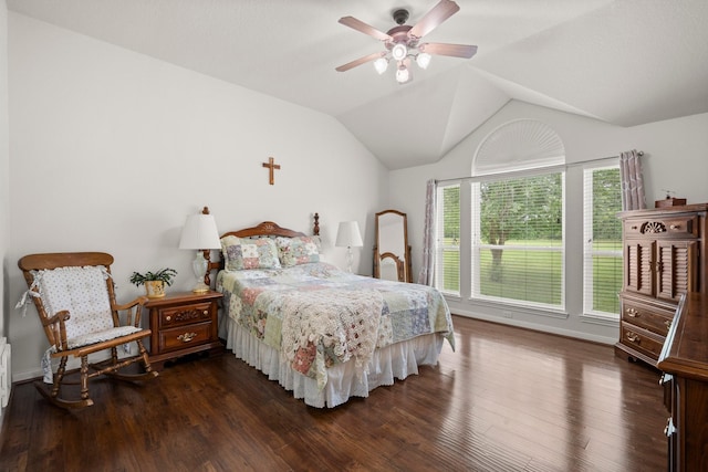 34334 Howell Rd, Waller, TX 77484 - bedroom featuring dark wood-style floors, vaulted ceiling, and a ceiling fan