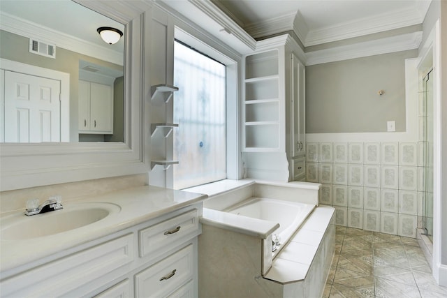 2709 Blodgett St, Houston, TX 77004 - full bath featuring vanity, a garden tub, ornamental molding, and tiled shower