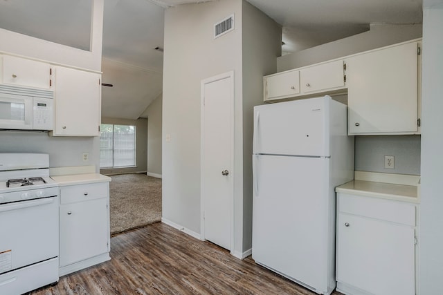 12210 Innsbruk Ct, Houston, TX 77066 - kitchen featuring white appliances, dark wood finished floors, light countertops, white cabinetry, and baseboards