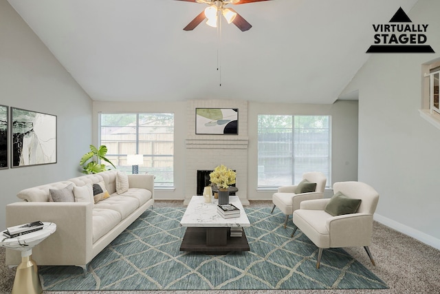 12210 Innsbruk Ct, Houston, TX 77066 - living room featuring lofted ceiling, ceiling fan, dark carpet, a fireplace, and baseboards
