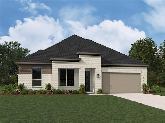 18829 Truman Trl, Conroe, TX 77302 - view of front of property featuring brick siding, a garage, concrete driveway, a front lawn, and a shingled roof
