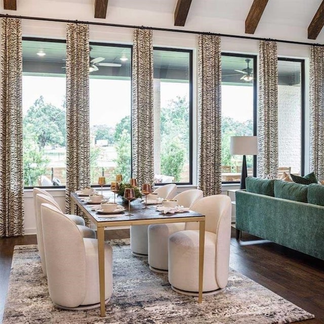 18829 Truman Trl, Conroe, TX 77302 - dining space with wood finished floors, a ceiling fan, and beamed ceiling
