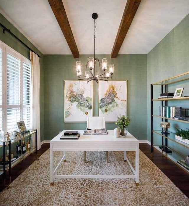 18829 Truman Trl, Conroe, TX 77302 - office space featuring dark wood-style flooring, baseboards, a chandelier, and beam ceiling