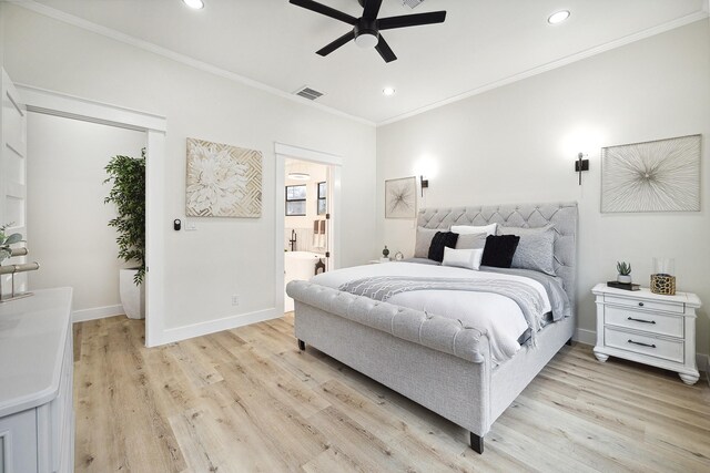 2611 Morrison St, Houston, TX 77009 - bedroom featuring crown molding, light wood-style floors, recessed lighting, baseboards, and ensuite bathroom