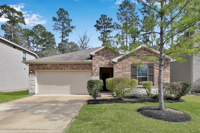 view of front of property with driveway, a garage, a front yard, a shingled roof, and brick siding