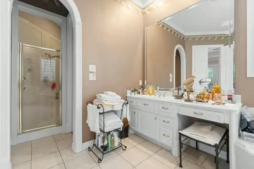 2 Argonne Pl, The Woodlands, TX 77382 - full bath with a shower stall, tile patterned flooring, and vanity
